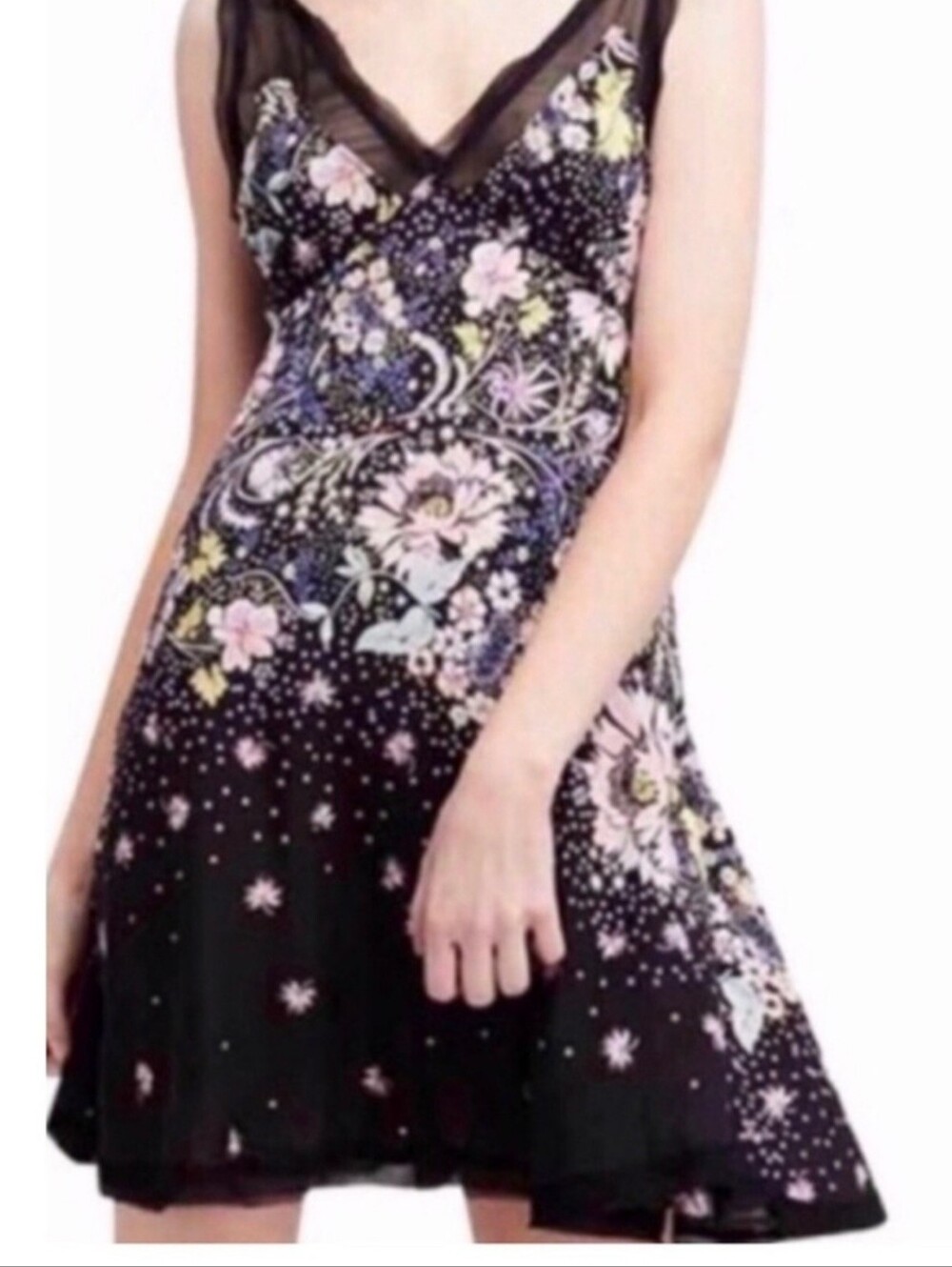 Free People Black Floral Backless V-Neck Mini Dress - Picture 1 of 7